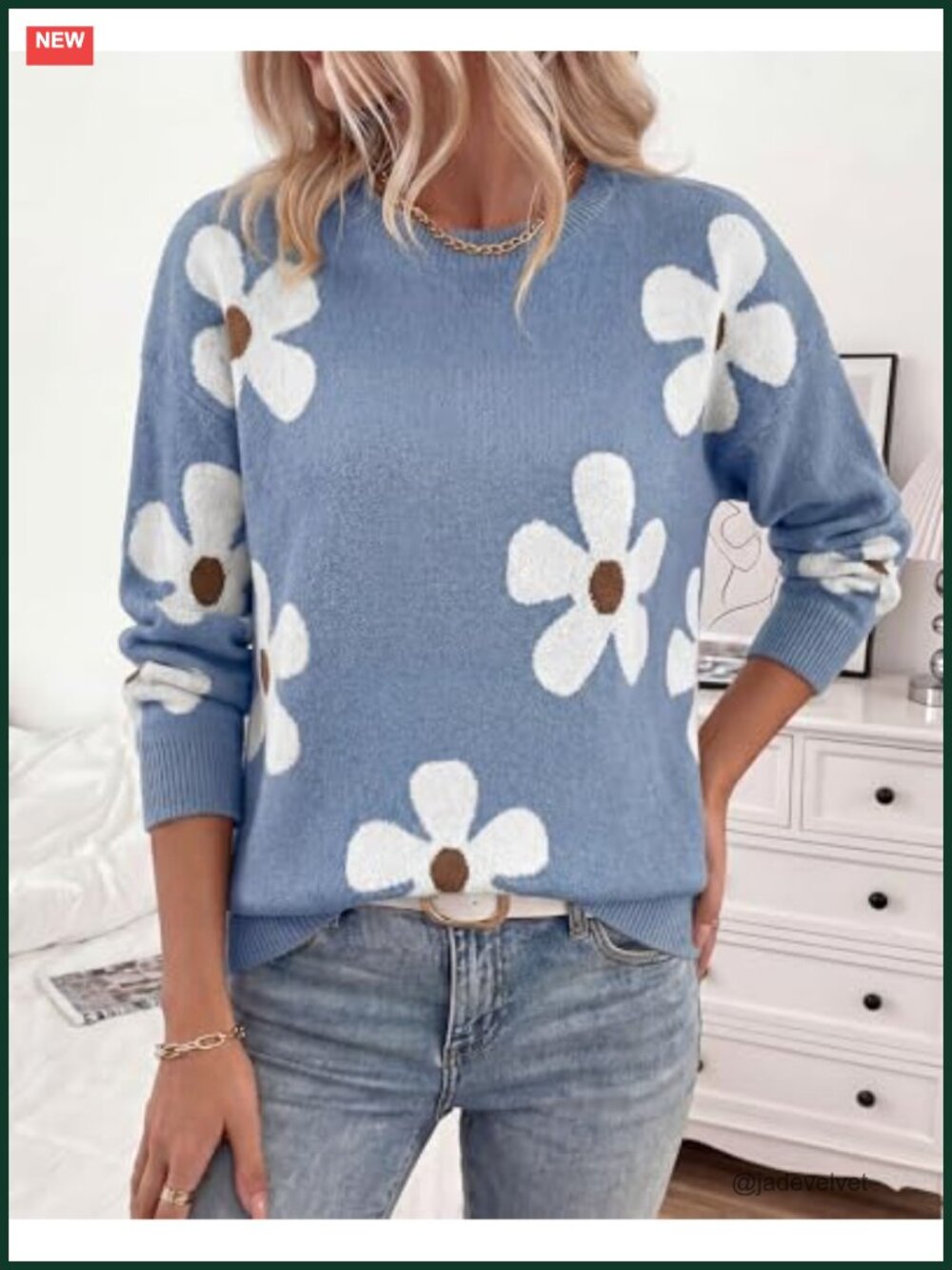 Women's Floral Chunky Knit Crewneck Pullover Sweater, Oversized Loose Fit Long - Picture 2 of 6